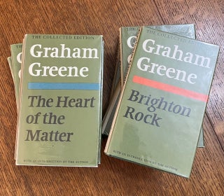 THE COLLECTED EDITION and COLLECTED ESSAYS. -- Inscribed by Greene. Volume 1, Brighton Rock; 2, It's a Battlefield; 3, England Made Me; 4, Our Man in Havana; 5, The Power and the Glory; 6, The Heart of the Matter; 7, The Confidential Agent; 8, Collected Stories; 9, A Gun for Sale; 10, The Ministry of Fear; 11, The Quiet American; 12, Stamboul Train; 13, The End of the Affair; 14; A Burnt-out Case; 15, The Man Within; 16, The Third Man and Loser Takes All; 17, The Comedians; 18, Journey without Maps; 19, The Lawless Roads; 20, Travels with my Aunt; 21, The Honorary Consul; 22, The Human Factor. Plus; The Collected Essays.
