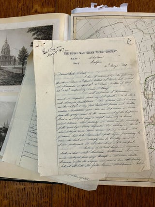 ALBUM OF TRAVEL AND EXPLORATION MATERIAL. Printed and manuscript items; Photographs, letters, documents, drawings, Loose bank notes, printed views and maps. China, Russia, West Indies, Europe, U.S.A, Africa....