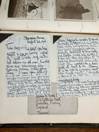 ALBUM OF TRAVEL AND EXPLORATION MATERIAL. Printed and manuscript items; Photographs, letters, documents, drawings, Loose bank notes, printed views and maps. China, Russia, West Indies, Europe, U.S.A, Africa....