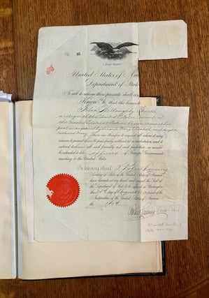 ALBUM OF TRAVEL AND EXPLORATION MATERIAL. Printed and manuscript items; Photographs, letters, documents, drawings, Loose bank notes, printed views and maps. China, Russia, West Indies, Europe, U.S.A, Africa....