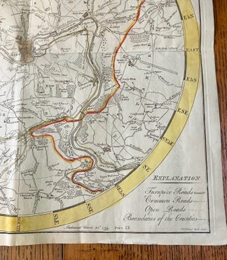 A MAP OF 5 MILES ROUND THE CITY OF BATH. On a scale of one inch & half to a mile, from an actual survey, including all the new roads, with alterations & improvements to the present time 1799. Printed for and sold by A. Taylor & W. Meyler. Booksellers of whom may be had a New Plan of the City of Bath with the additional buildings. Bath, published according to Act of Parliament, 25th March 1799. Price 1 shilling 6 pence. W. Hibbert, Bath Sculpt.