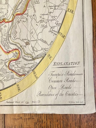 A MAP OF 5 MILES ROUND THE CITY OF BATH. On a scale of one inch & half to a mile, from an actual survey, including all the new roads, with alterations & improvements to the present time 1799. Printed for and sold by A. Taylor & W. Meyler. Booksellers of whom may be had a New Plan of the City of Bath with the additional buildings. Bath, published according to Act of Parliament, 25th March 1799. Price 1 shilling 6 pence. W. Hibbert, Bath Sculpt.