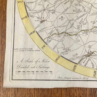 A MAP OF 5 MILES ROUND THE CITY OF BATH. On a scale of one inch & half to a mile, from an actual survey, including all the new roads, with alterations & improvements to the present time 1799. Printed for and sold by A. Taylor & W. Meyler. Booksellers of whom may be had a New Plan of the City of Bath with the additional buildings. Bath, published according to Act of Parliament, 25th March 1799. Price 1 shilling 6 pence. W. Hibbert, Bath Sculpt.