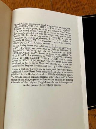 REMEMBRANCE OF THINGS PAST. Swann's way; Within a budding grove; The Guermantes way; Cities of the Plain; The Captive; The Fugitive; Time Regained.