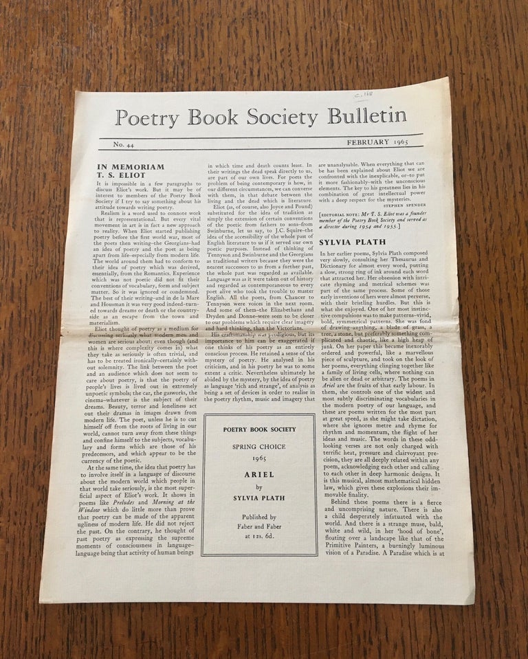 Item #3718 POETRY BOOK SOCIETY BULLETIN. Writing about Sylvia Plath and Ariel. PLATH. SYLVIA. Ephemeral Item. HUGHES. TED.